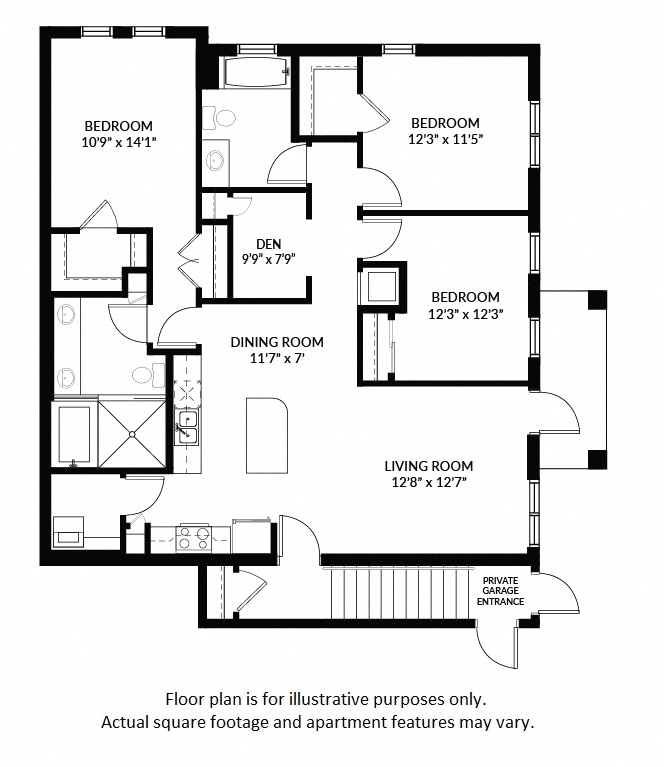 Floor plan for 3 beds, 2 baths, 1548 sqft